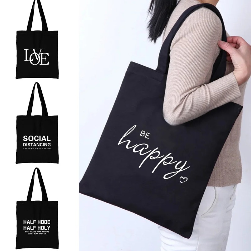 Shopper Tote Canvas - Tas Bahu Kapasitas Besar Hitam Gambar