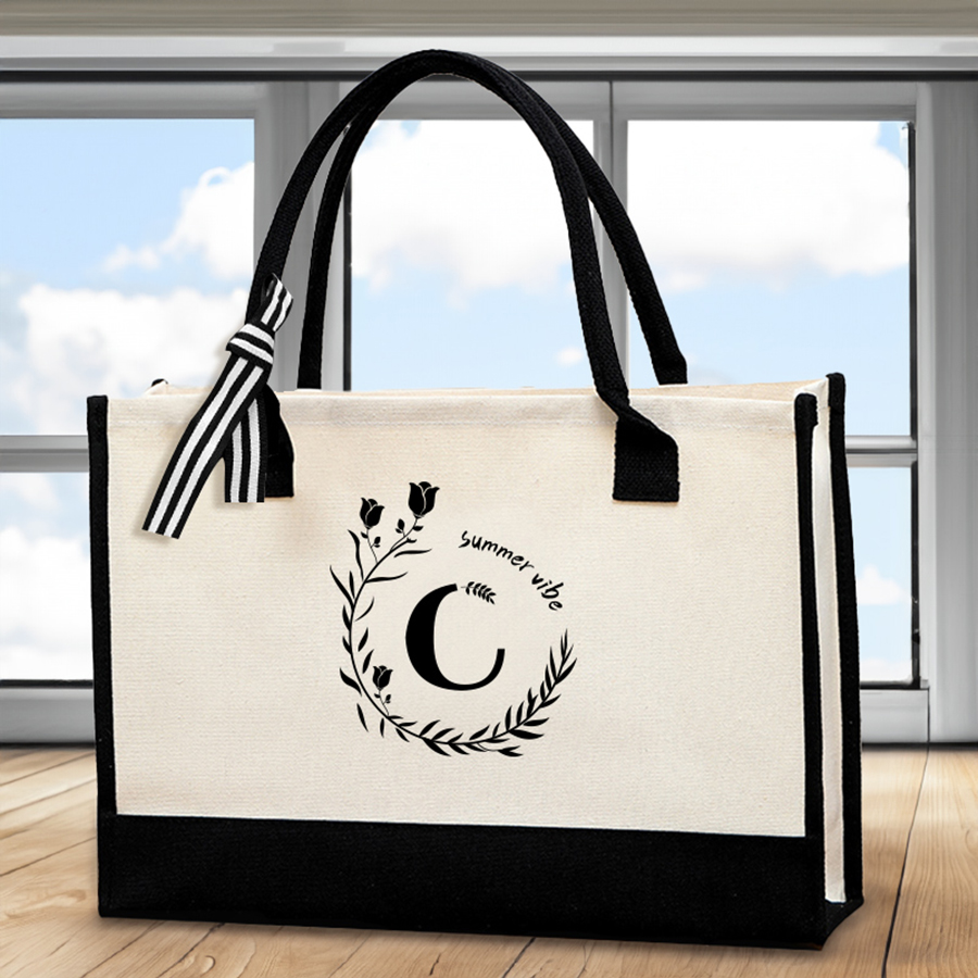 Shopper Tote Canvas - Tas jinjing bermotif huruf kulit, tas