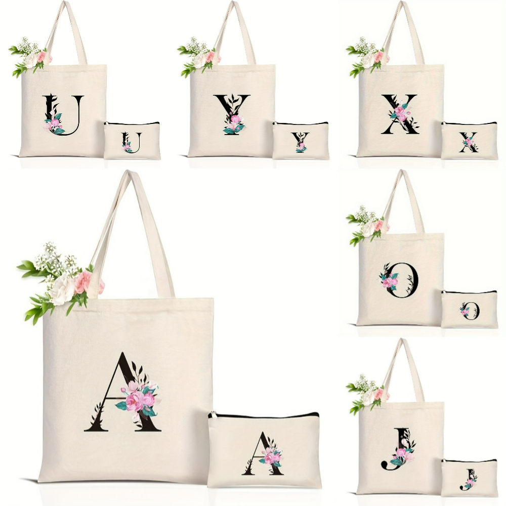 Tas Tote Alfabet Bunga Elegan  - Shopper Tote Canvas ulasan dan harga