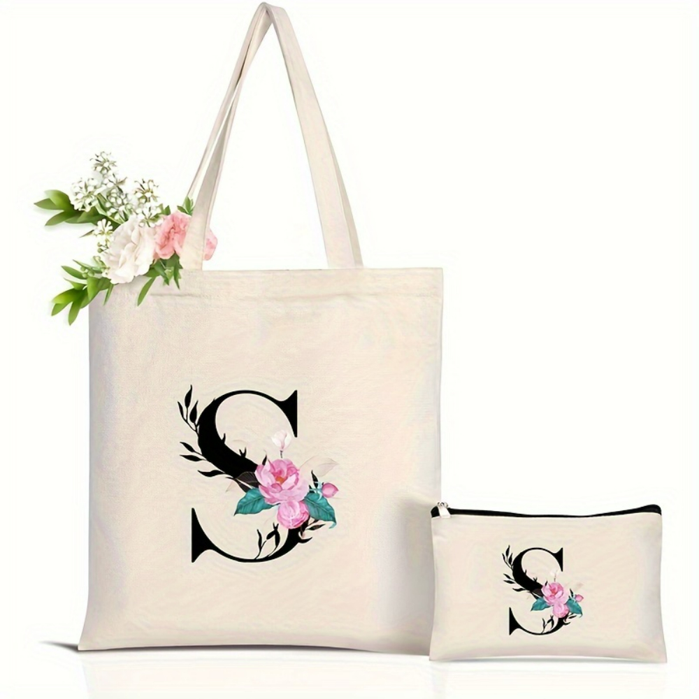 Tas Tote Alfabet Bunga Elegan  - Shopper Tote Canvas ulasan dan harga