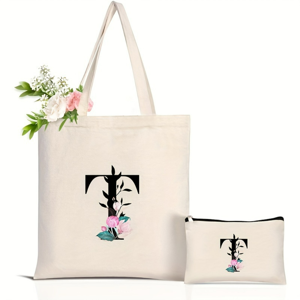 Tas Tote Alfabet Bunga Elegan  - Shopper Tote Canvas ulasan dan harga